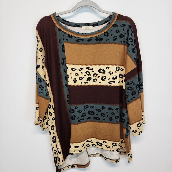 Oddy Pullover Top Size M/L Brown Leopard Colorblock Knit 3/4 Sleeve Teacher - Picture 3 of 11